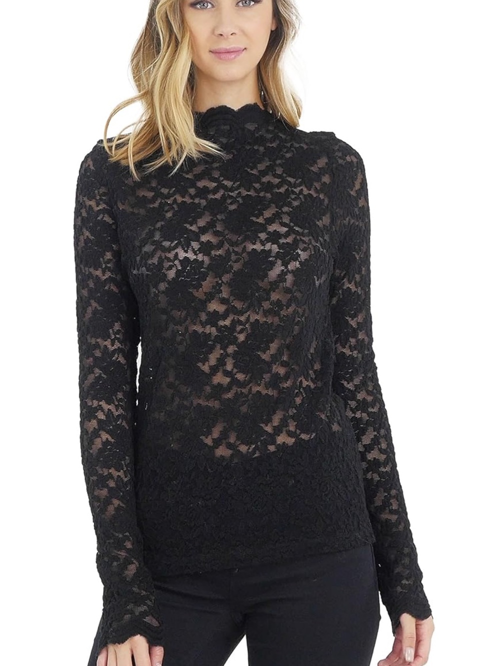 O2 Collection Medium Black Lace Long-Sleeve Women's Top